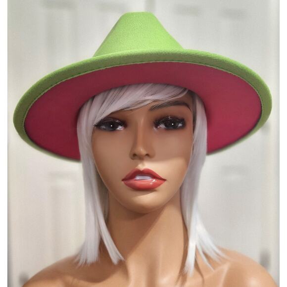 Fedora Hat Green Outside & Hot Pink Inside with Pink Emoji Headband - Picture 6 of 7